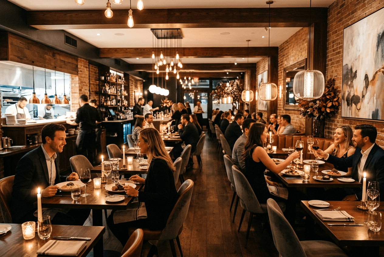 An elegant restaurant dining room with soft pendant lighting, wooden tables, and diners enjoying meals
