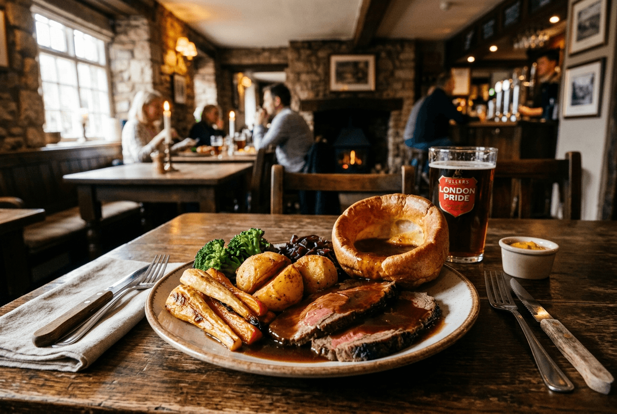 A traditional Sunday roast plate with roasted meat, Yorkshire pudding, vegetables, and gravy, served in a cosy pub setting with a pint of beer